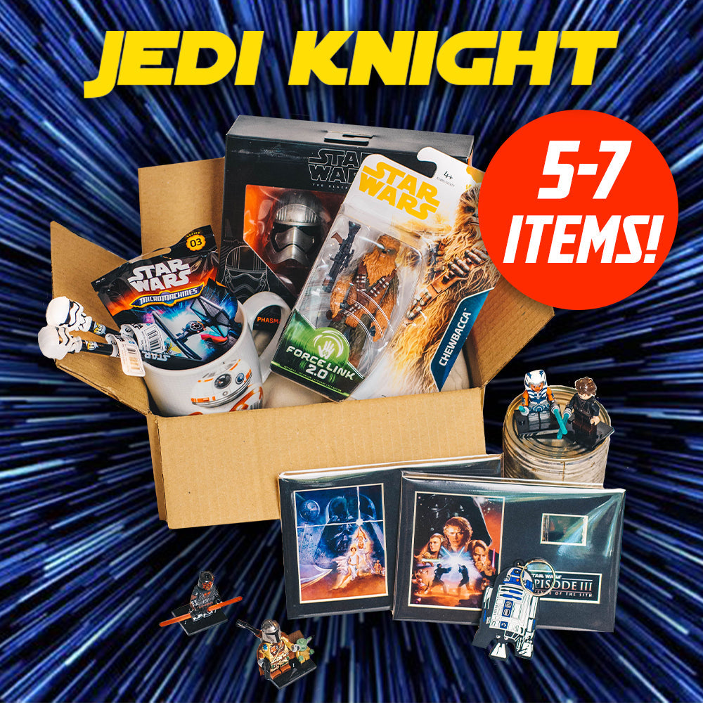 Star Wars themed box with various items on a blue and black striped background