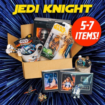 Star Wars themed box with various items on a blue and black striped background