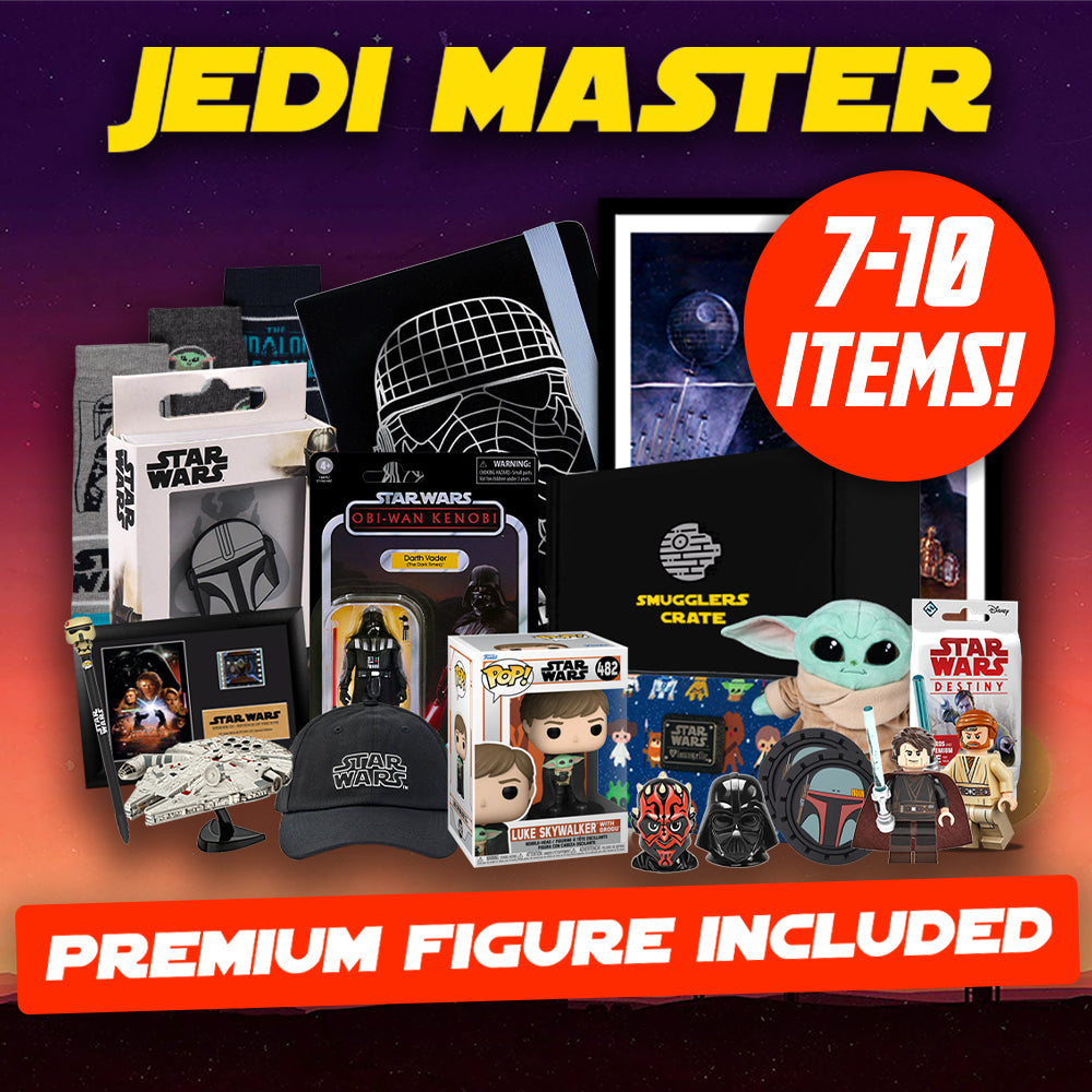 Collection of Star Wars-themed merchandise with 'Jedi Master' branding and promotional text.