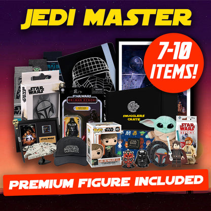 Collection of Star Wars-themed merchandise with 'Jedi Master' branding and promotional text.