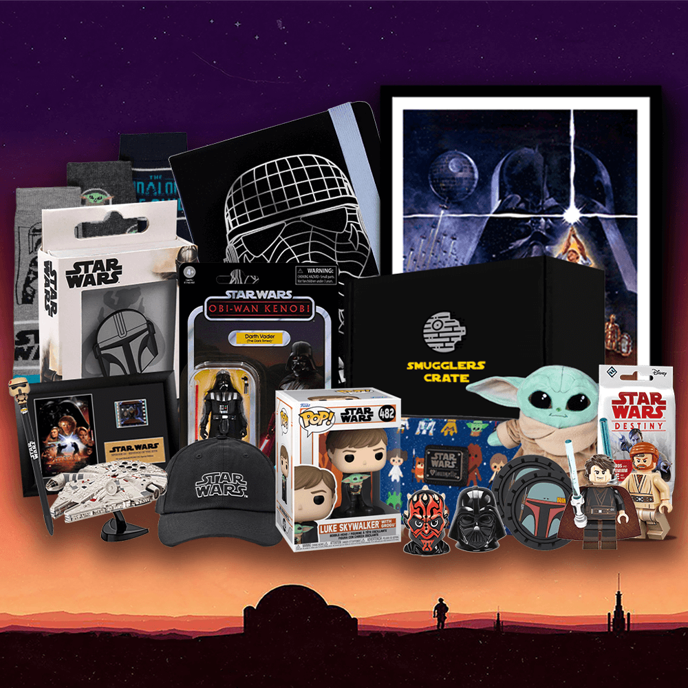 Collection of Star Wars merchandise including figures, toys, and collectibles against a dark background.