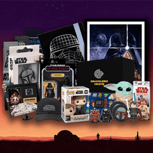 Collection of Star Wars merchandise including figures, toys, and collectibles against a dark background.