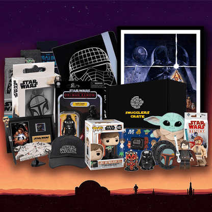 Collection of Star Wars merchandise including figures, toys, and collectibles against a dark background.