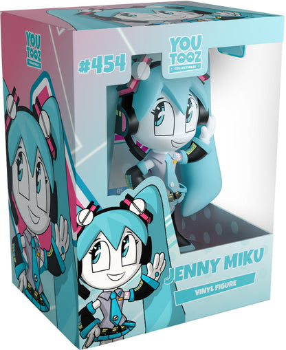 Boxed vinyl figure of a character named Jenny Miku with colorful packaging.
