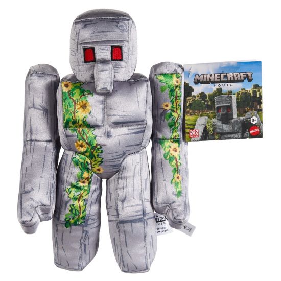Plush toy resembling a robot with floral designs on a white background, featuring Minecraft branding.