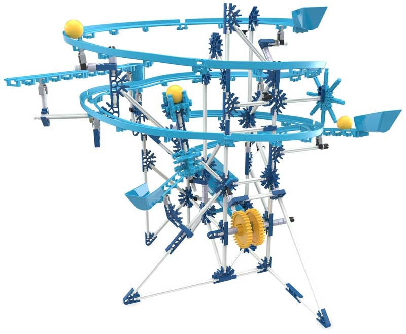 Toy marble roller coaster with blue tracks and yellow marbles on a white background