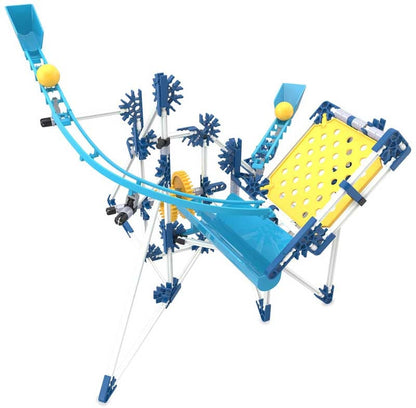 Toy marble run set with blue and yellow tracks on a white background