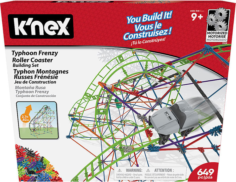 K'nex Typhoon Frenzy Roller Coaster building set packaging with colorful tracks and motor.