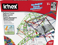 K'nex Typhoon Frenzy Roller Coaster building set packaging with colorful tracks and motor.
