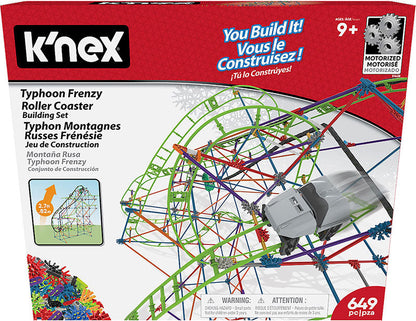 K'nex Typhoon Frenzy Roller Coaster building set packaging with colorful tracks and motor.