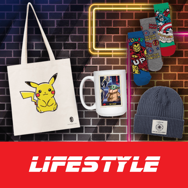 Collection of merchandise including a tote bag with Pikachu, a mug with a character design, and socks on a brick wall background with 'Lifestyle' branding.