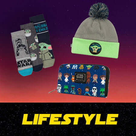 Collection of 'Star Wars' themed items including socks, a beanie, and a pouch on a gradient background.