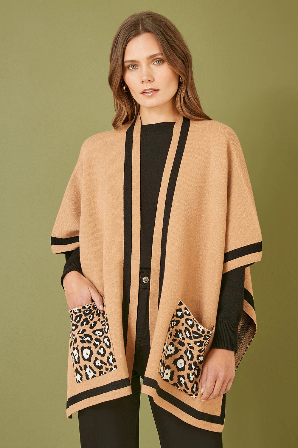 Camel Leopard Print Pocket Knitted Cape