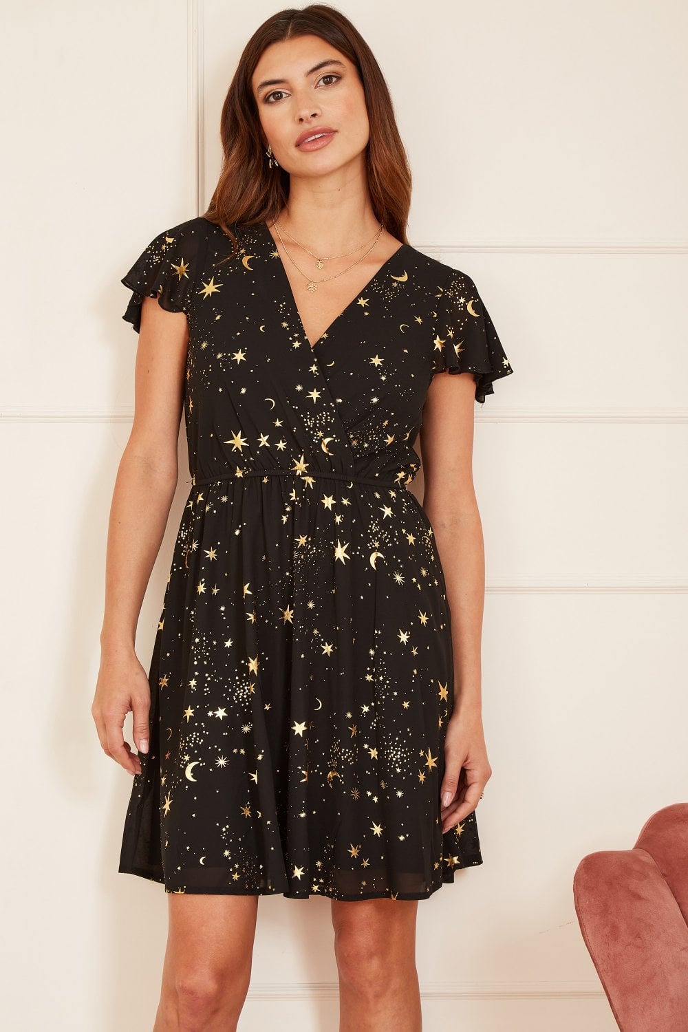 Black Foil Star Print Wrap Skater Dress