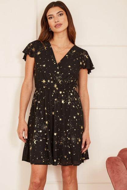 Black Foil Star Print Wrap Skater Dress