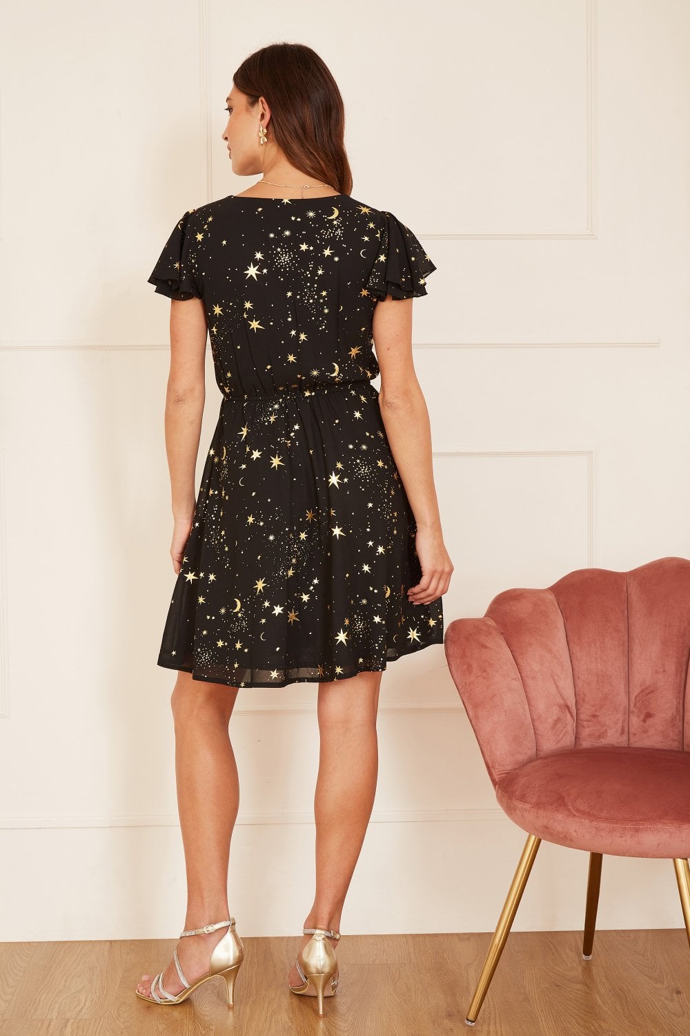 Black Foil Star Print Wrap Skater Dress