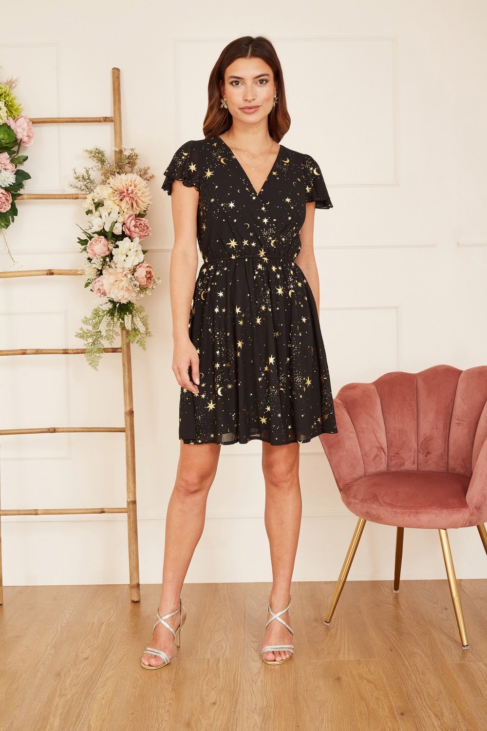 Black Foil Star Print Wrap Skater Dress