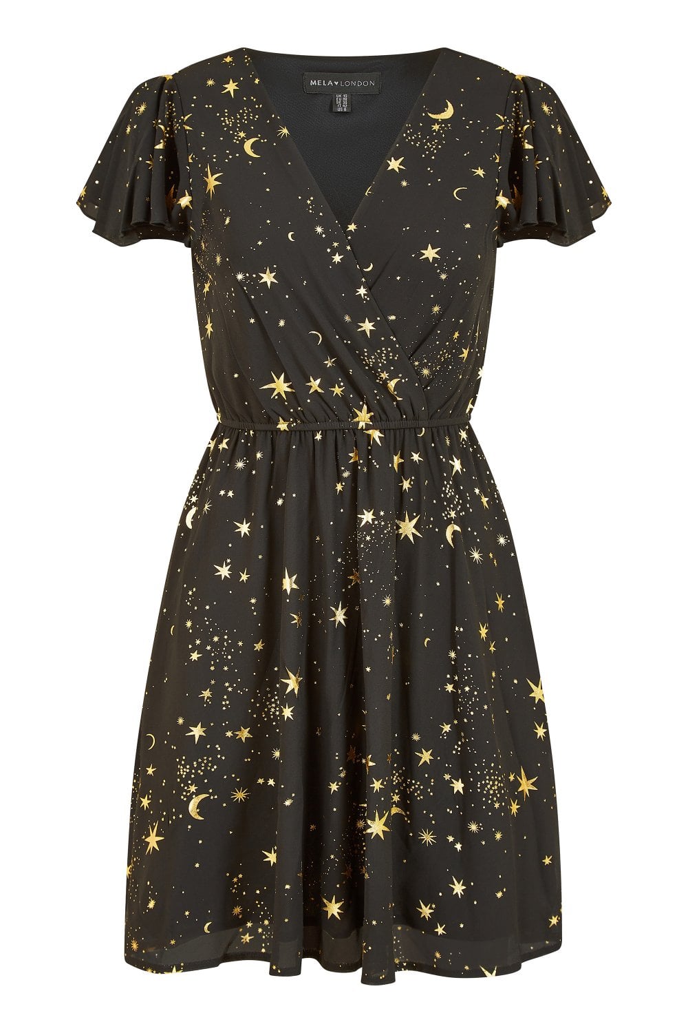 Black Foil Star Print Wrap Skater Dress