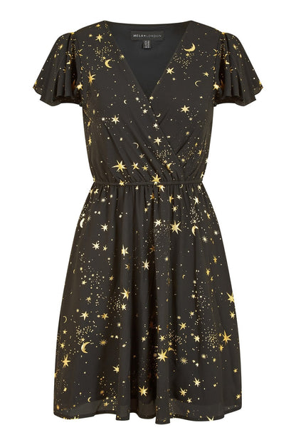 Black Foil Star Print Wrap Skater Dress