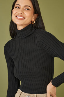 Black Ribbed Knit Roll Neck Jumper