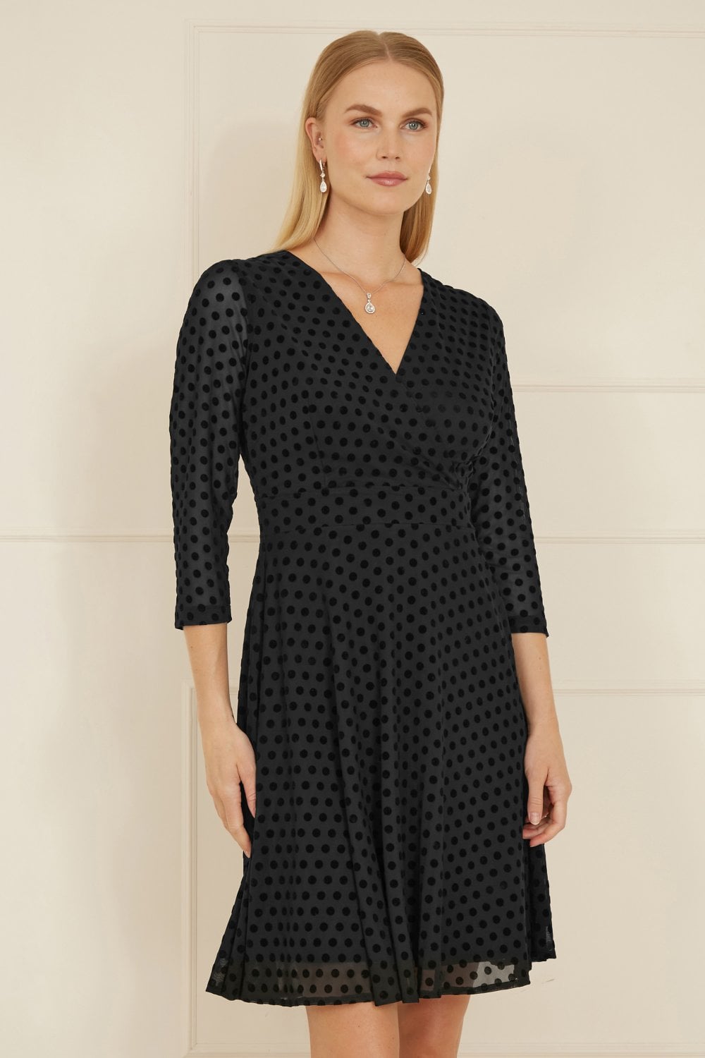 Black Velour Spot 3/4 Sleeve Wrap Skater Dress