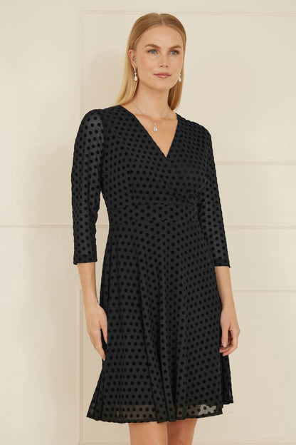 Black Velour Spot 3/4 Sleeve Wrap Skater Dress