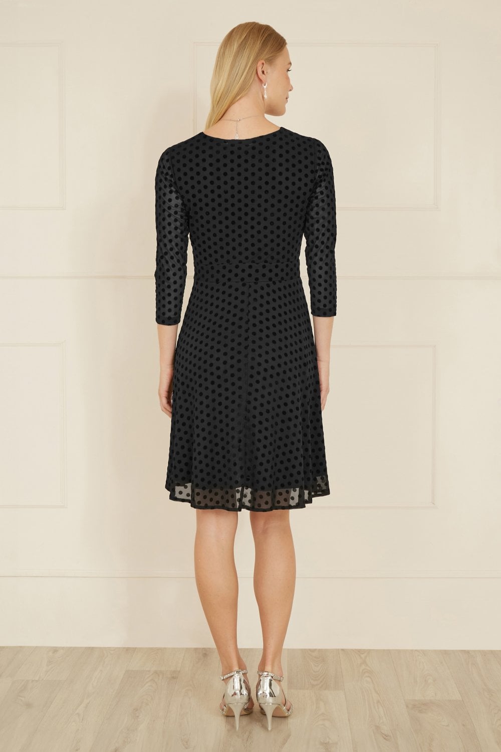 Black Velour Spot 3/4 Sleeve Wrap Skater Dress