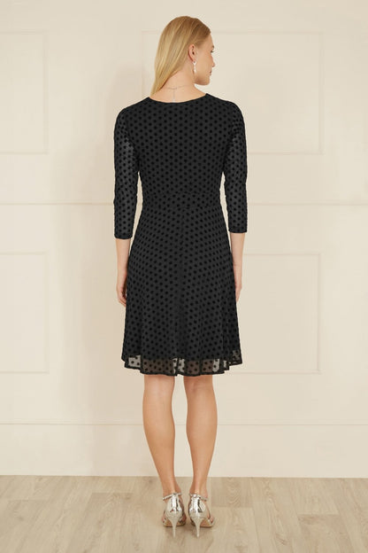Black Velour Spot 3/4 Sleeve Wrap Skater Dress