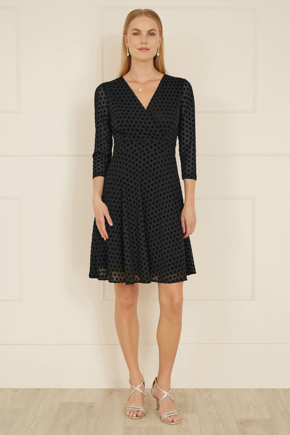 Black Velour Spot 3/4 Sleeve Wrap Skater Dress