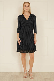 Black Velour Spot 3/4 Sleeve Wrap Skater Dress