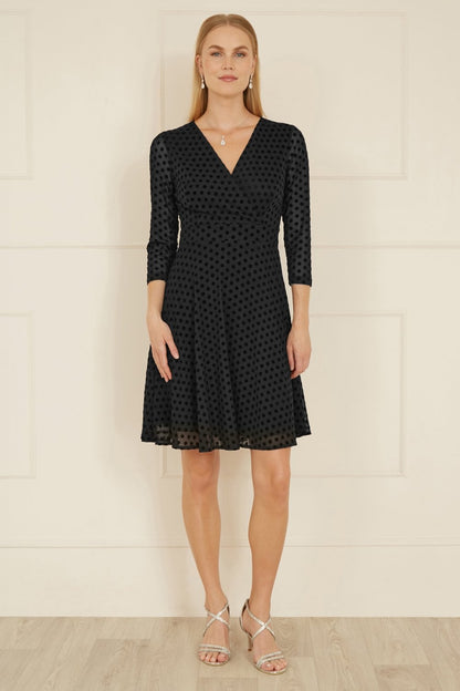 Black Velour Spot 3/4 Sleeve Wrap Skater Dress