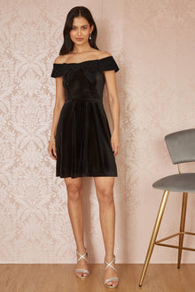 Black Velvet Skater Dress With Sparkle Bow Neckline