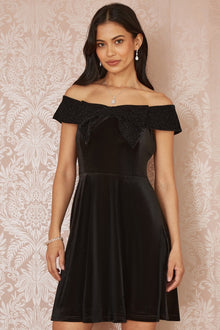 Black Velvet Skater Dress With Sparkle Bow Neckline