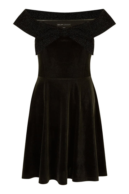 Black Velvet Skater Dress With Sparkle Bow Neckline
