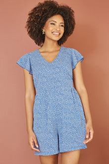 Blue Ditsy Print V Neck Playsuit