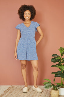 Blue Ditsy Print V Neck Playsuit