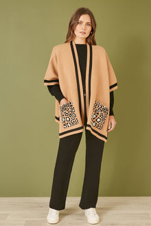 Camel Leopard Print Pocket Knitted Cape