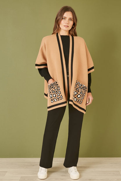 Camel Leopard Print Pocket Knitted Cape
