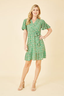 Green Ditsy Print Wrap Front Skater Dress