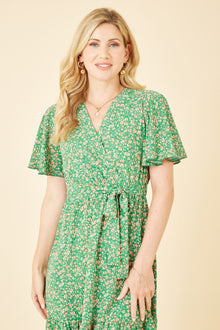 Green Ditsy Print Wrap Front Skater Dress