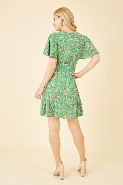 Green Ditsy Print Wrap Front Skater Dress