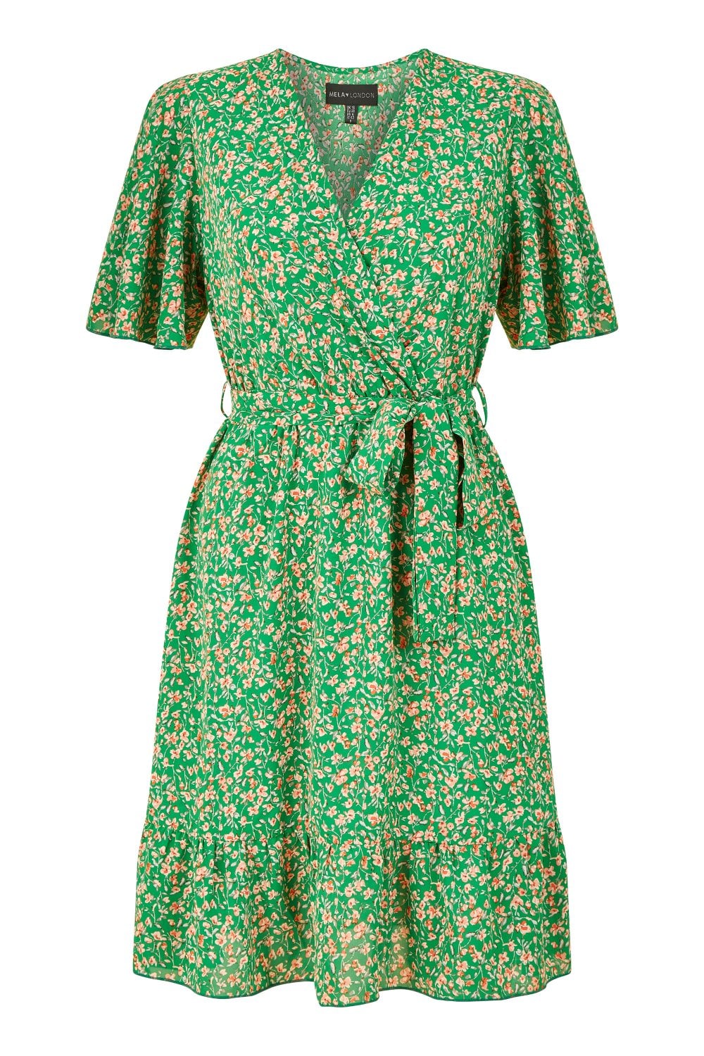 Green Ditsy Print Wrap Front Skater Dress