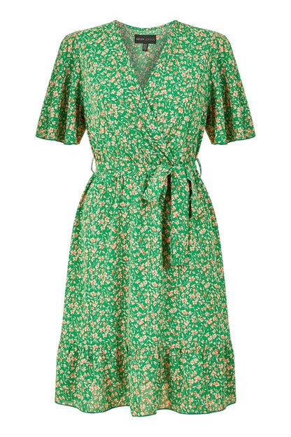 Green Ditsy Print Wrap Front Skater Dress