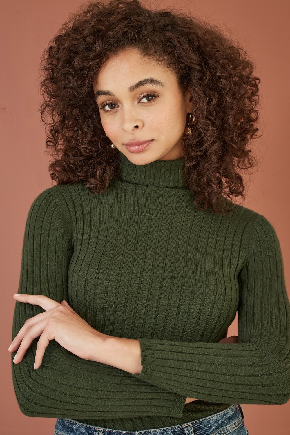 Green Ribbed Knit Roll Neck Jumper