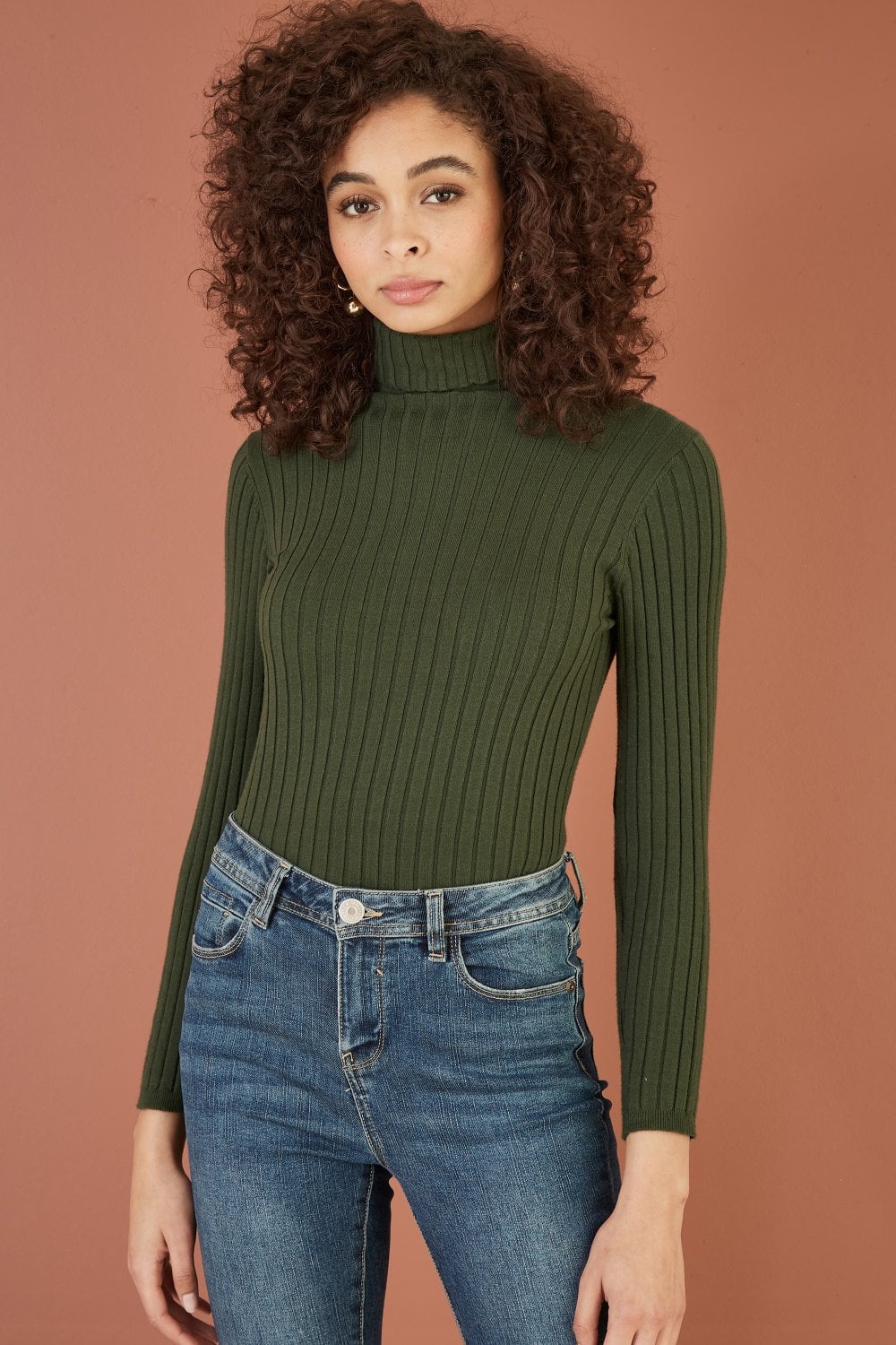 Green Ribbed Knit Roll Neck Jumper