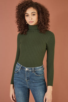 Green Ribbed Knit Roll Neck Jumper