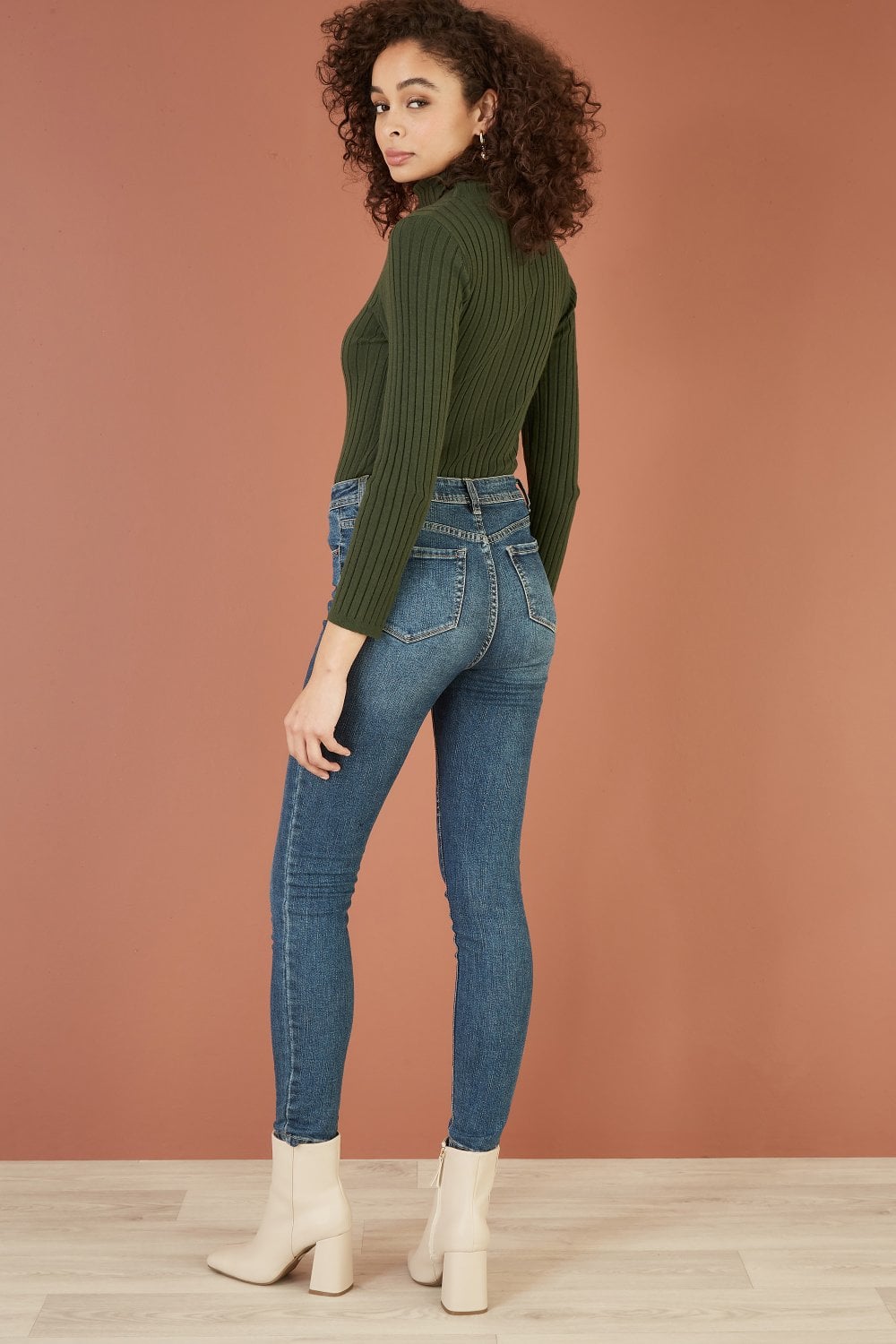 Green Ribbed Knit Roll Neck Jumper