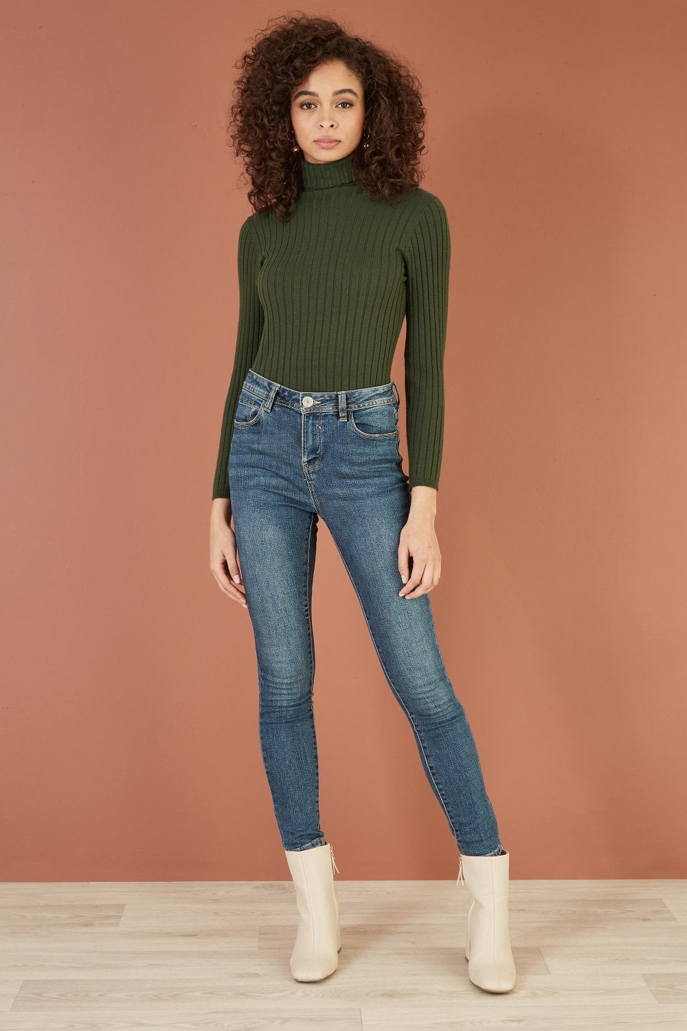 Green Ribbed Knit Roll Neck Jumper