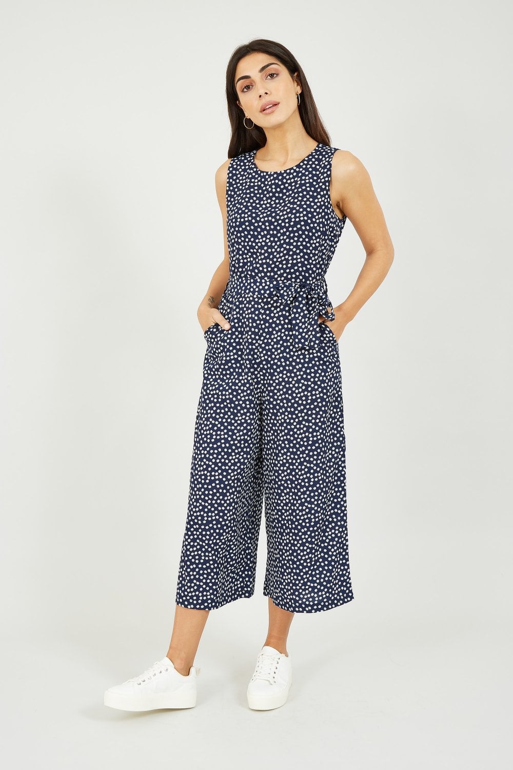 Navy Ditsy Daisy Sleeveless Culotte Jumpsuit