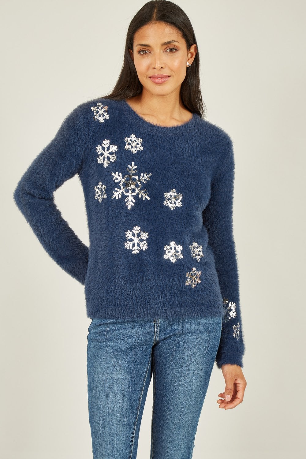 Navy Sequin Snowflake Fluffy Jumper